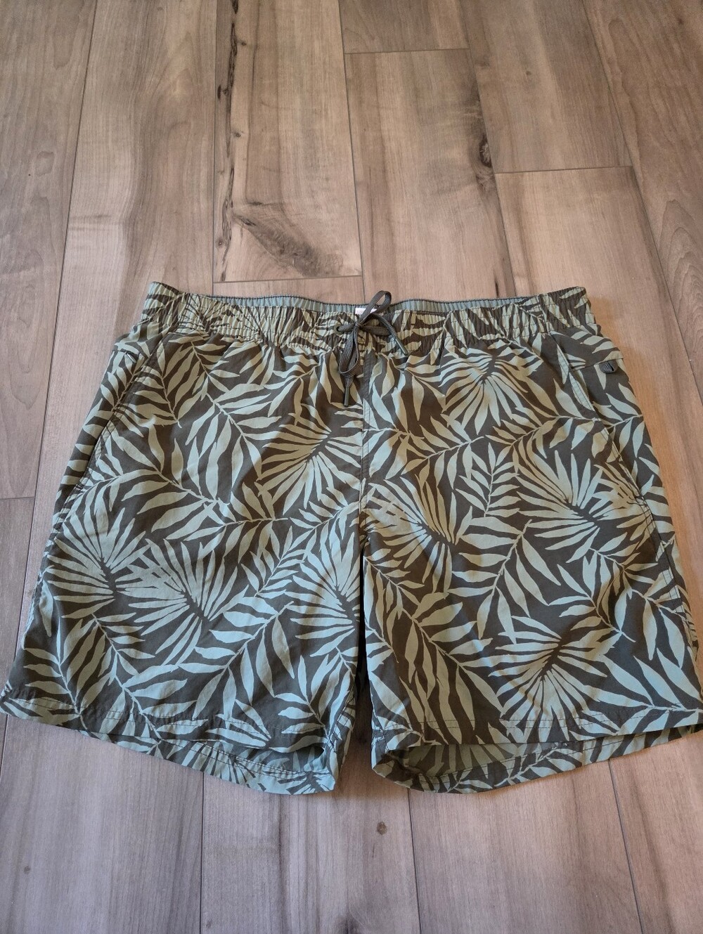 Lands' End Olive and Light Green Tropical Print Swim Trunks
